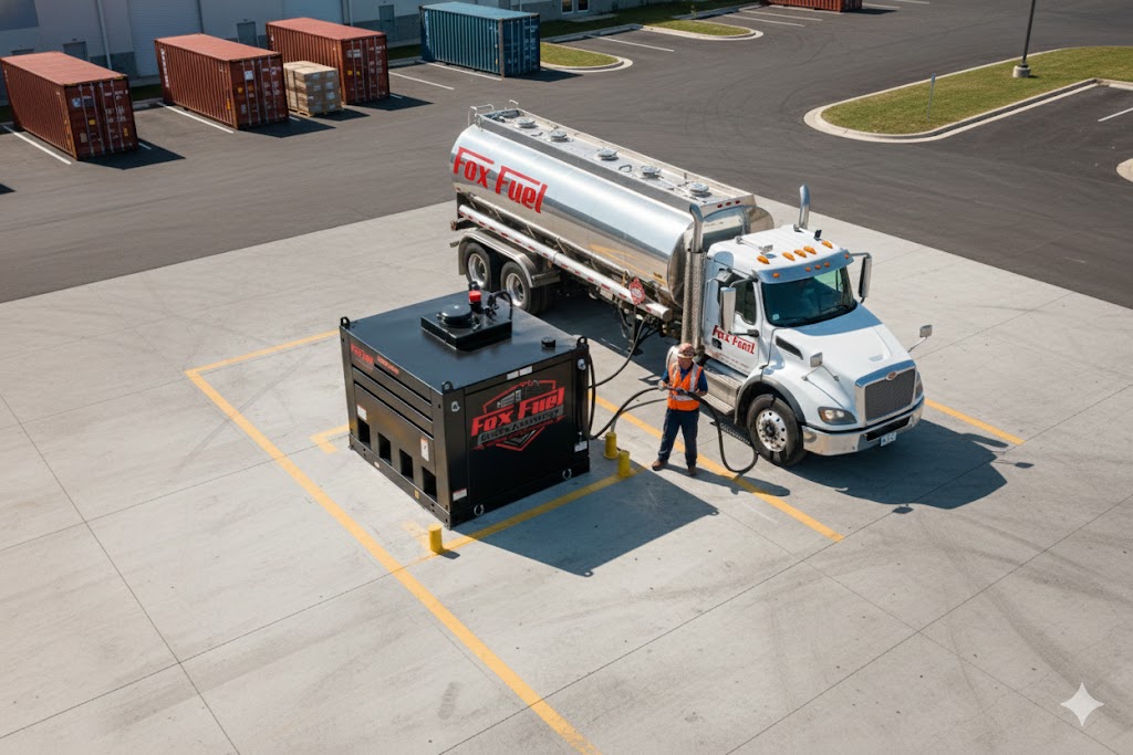 Fox Fuel OnSite Advantage FuelCube aerial view showing commercial fuel delivery truck and on-site diesel storage tank at industrial facility