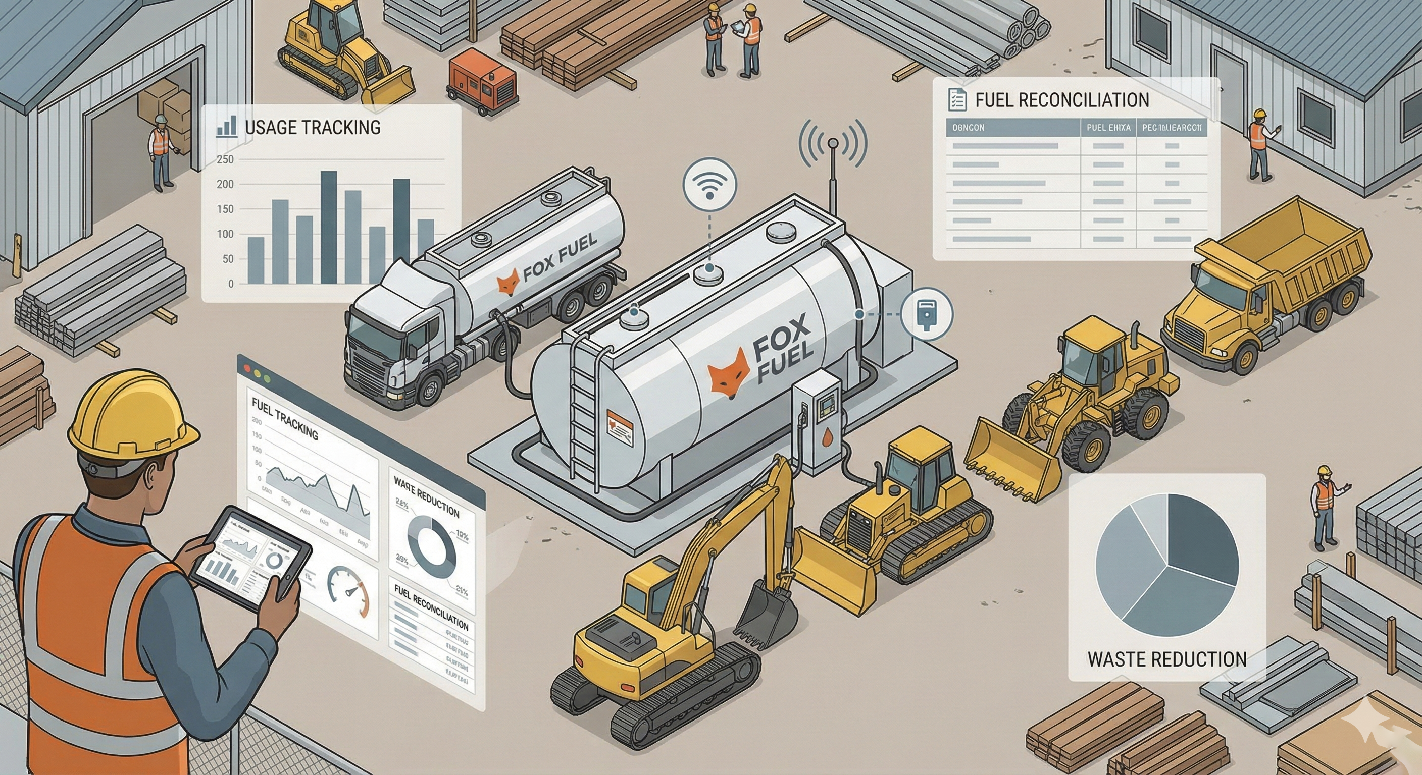 Isometric diagram showing construction site fuel management workflow including equipment tracking, delivery scheduling, and consumption monitoring