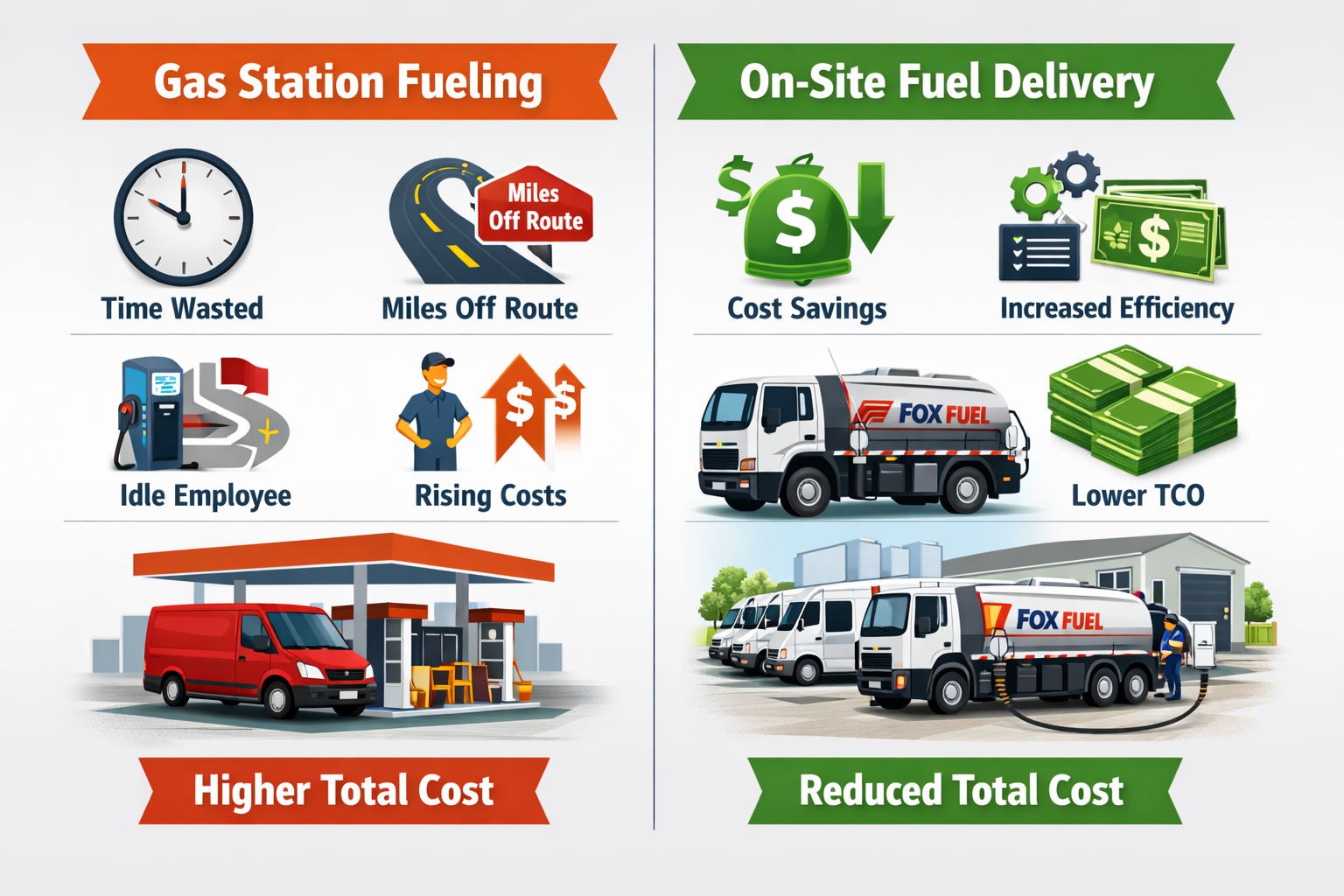 Side-by-side comparison infographic showing gas station fueling costs and inefficiencies versus streamlined on-site fleet fuel delivery benefits