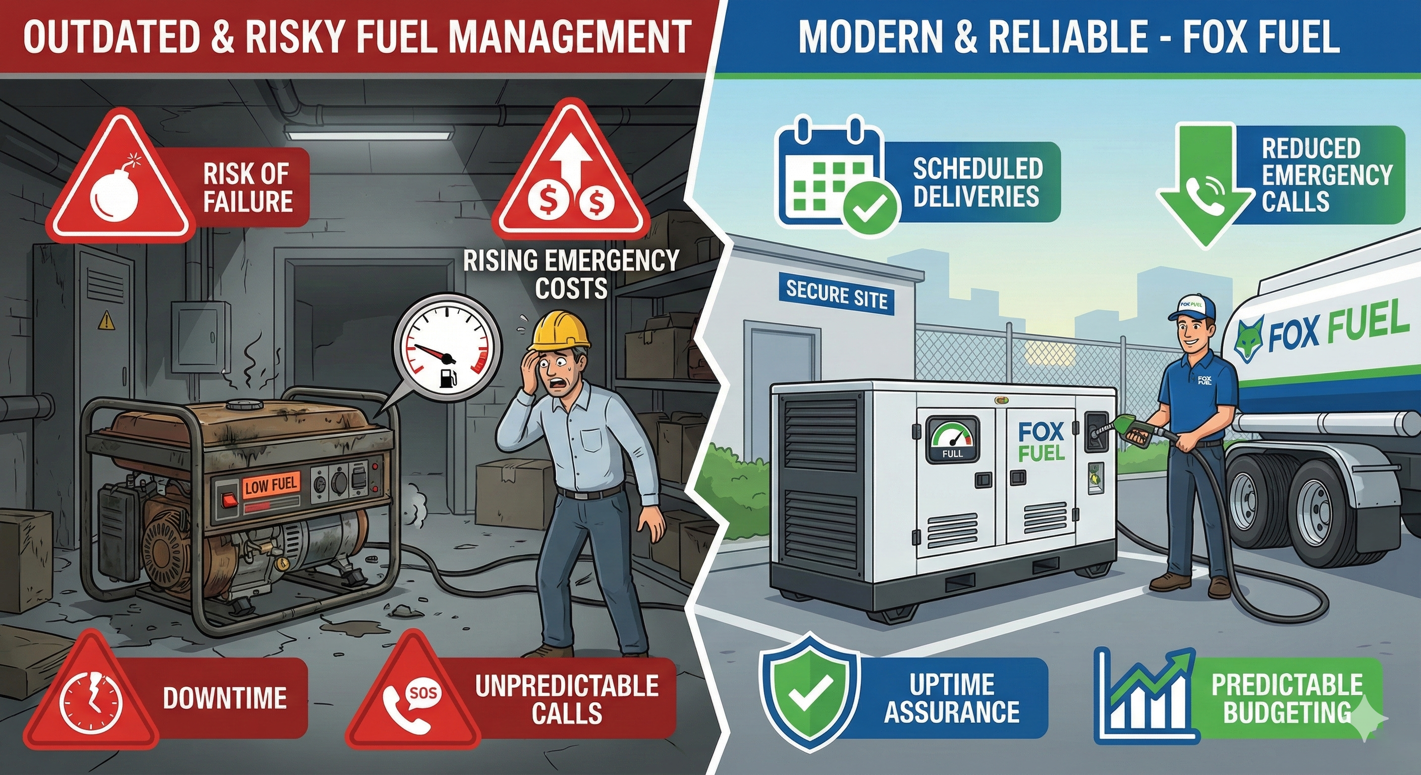 Comparison diagram showing modern proactive generator fuel management versus outdated reactive approaches - highlighting scheduled delivery, monitoring, and emergency response